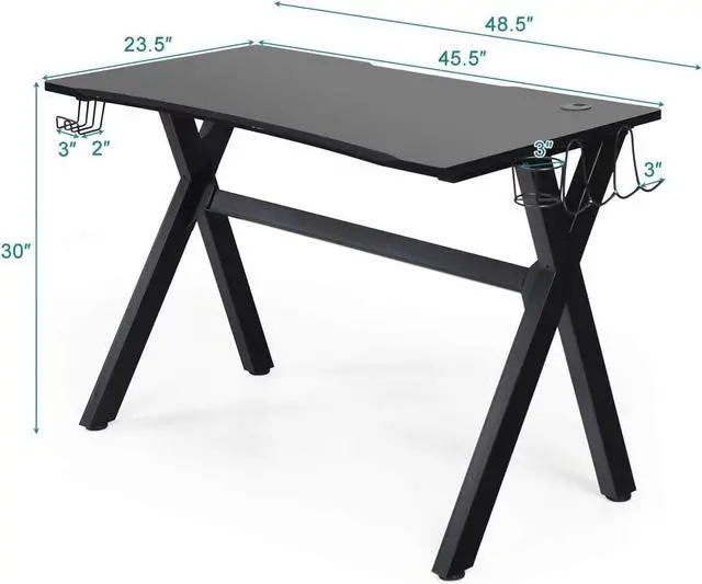 Alt view image 3 of 7 - Tangkula Computer Desk Gaming Desk, Ergonomic E-Sports Desk with Cup & Headphone Holder and Mouse Pad, Gamer Workstation with Carbon Fiber Surface and X-Shape Steel Frame, Home Office Desk (Black)