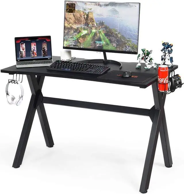 Main image of Tangkula Computer Desk Gaming Desk, Ergonomic E-Sports Desk with Cup & Headphone Holder and Mouse Pad, Gamer Workstation with Carbon Fiber Surface and X-Shape Steel Frame, Home Office Desk (Black)