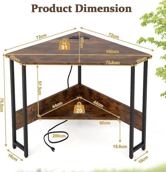 Alt view image 3 of 7 - GLOBALWAY Corner Desk with Charging Station & USB Port, 90-Degree Triangle Computer Workstation w/Storage Shelf, Metal Frame, Space-Saving Laptop PC Desk for Small Space, Home Office (Rustic Brown)
