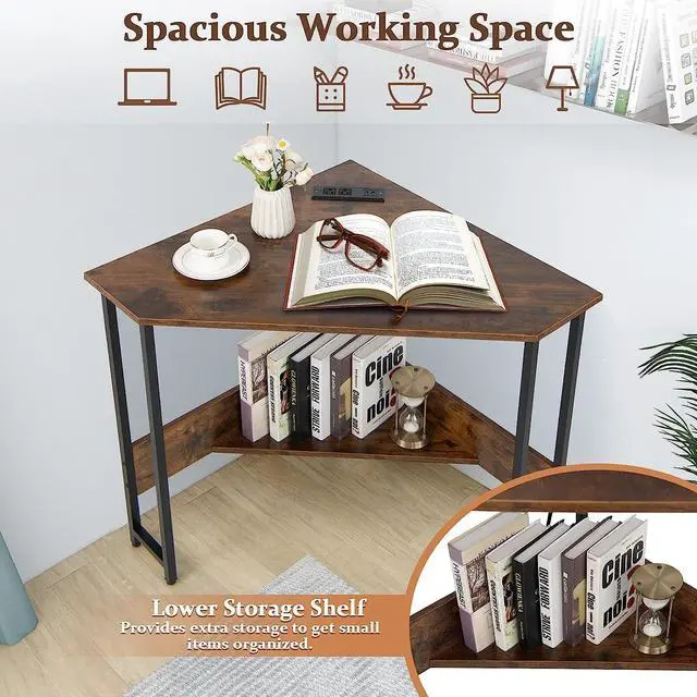 Alt view image 5 of 7 - GLOBALWAY Corner Desk with Charging Station & USB Port, 90-Degree Triangle Computer Workstation w/Storage Shelf, Metal Frame, Space-Saving Laptop PC Desk for Small Space, Home Office (Rustic Brown)