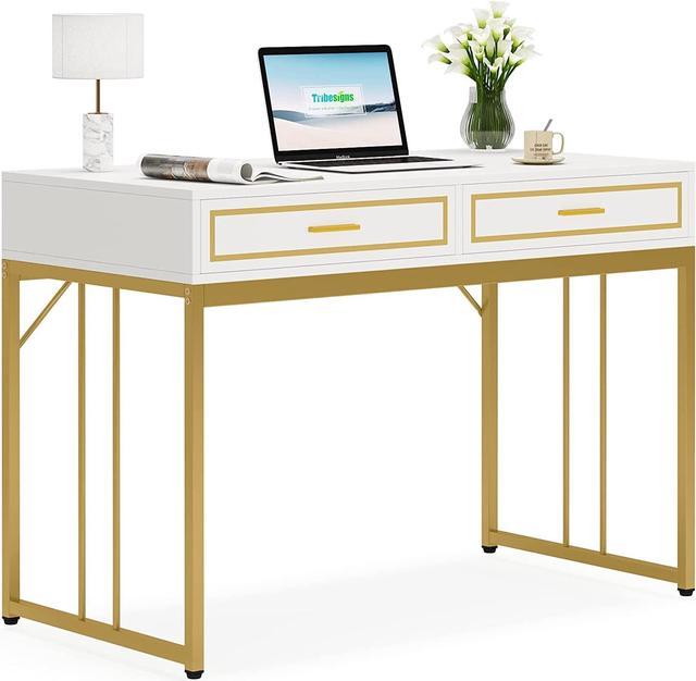 Tribesigns Computer Desk, Modern Simple 47 inch Home Office Desk Study  Table Writing Desk with 2 Storage Drawers, Makeup Vanity Console Table,  White