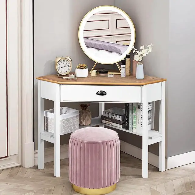 Alt view image 2 of 7 - LDAILY Small Corner Desk, Triangle Makeup Vanity Desk for Small Space, Compact Writing Desk with Storage Shelves & Drawer, Space Saving Corner Computer Desk for Bedroom, Home Office