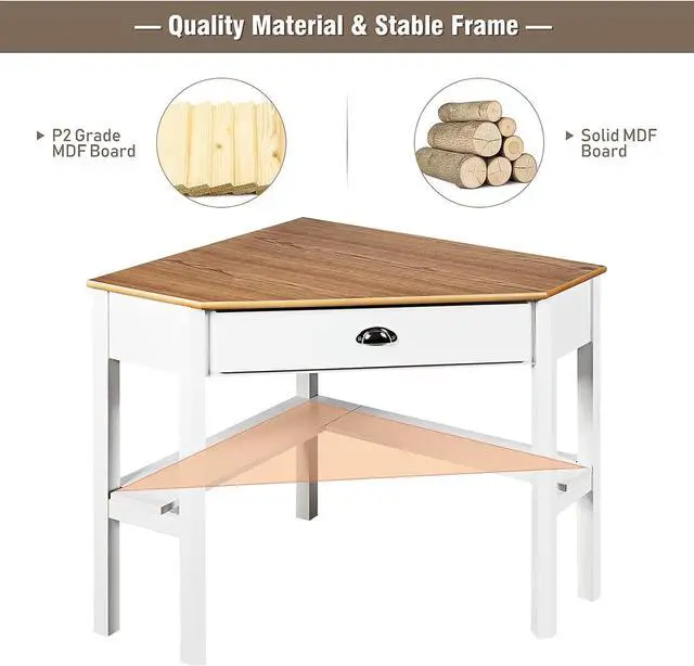 Alt view image 7 of 7 - GOFLAME Computer Corner Desk, Wood Compact Home Office Writing Worstation with Drawer and Shelves, Laptop PC Corner Table for Small Space Home Office, Natural & White