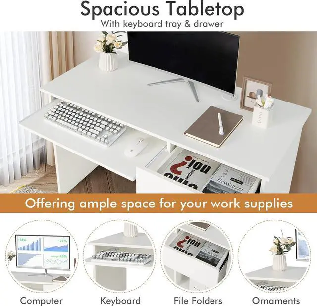 Alt view image 6 of 7 - Tangkula White Desk with Drawer, Wooden Computer Desk with Pull-Out Keyboard Tray & Adjustable Storage Shelves, Modern Laptop PC Desk with CPU Stand, Writing Study Desk for Bedroom (White)