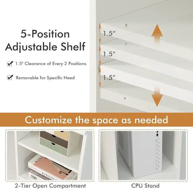 Alt view image 5 of 7 - Tangkula White Desk with Drawer, Wooden Computer Desk with Pull-Out Keyboard Tray & Adjustable Storage Shelves, Modern Laptop PC Desk with CPU Stand, Writing Study Desk for Bedroom (White)