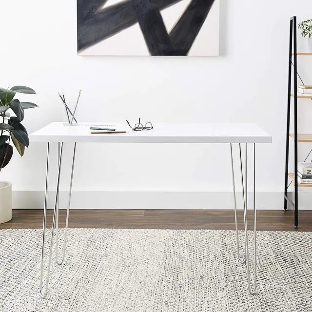 Alt view image 2 of 5 - Walker Edison Mid Century Modern Hairpin Wood Laptop Computer Writing Desk Home Office Workstation Small, 42 Inch, White