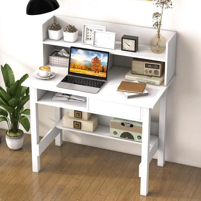 Alt view image 2 of 7 - Tangkula White Desk with Hutch, Home Office Writing Study Desk with Storage Bookshelf & Drawer, Modern Makeup Vanity Desk for Bedroom, PC Laptop Desk Computer Desk for Working Studying
