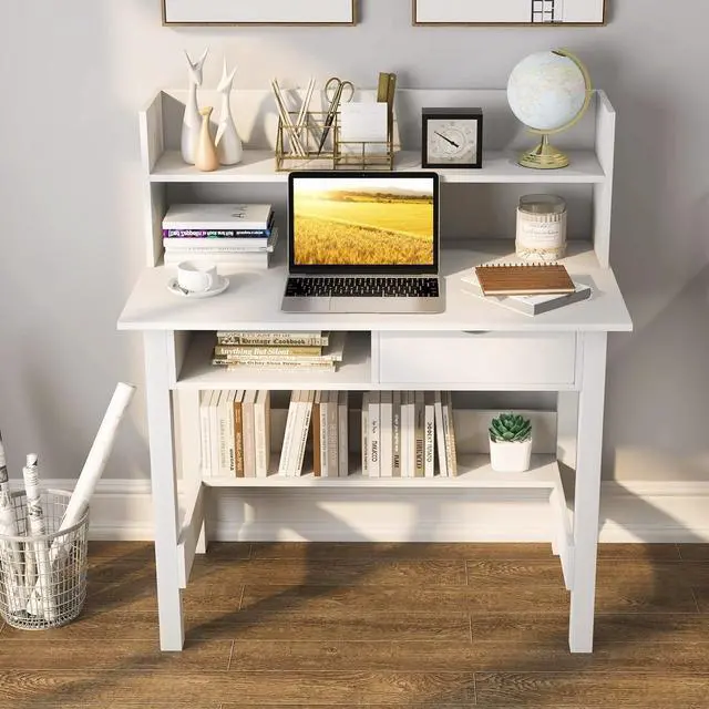 Alt view image 5 of 7 - Tangkula White Desk with Hutch, Home Office Writing Study Desk with Storage Bookshelf & Drawer, Modern Makeup Vanity Desk for Bedroom, PC Laptop Desk Computer Desk for Working Studying