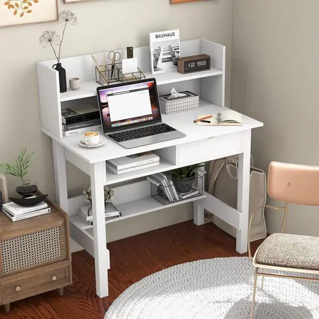 Alt view image 4 of 7 - Tangkula White Desk with Hutch, Home Office Writing Study Desk with Storage Bookshelf & Drawer, Modern Makeup Vanity Desk for Bedroom, PC Laptop Desk Computer Desk for Working Studying