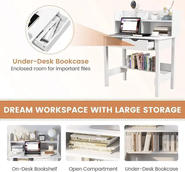 Alt view image 7 of 7 - Tangkula White Desk with Hutch, Home Office Writing Study Desk with Storage Bookshelf & Drawer, Modern Makeup Vanity Desk for Bedroom, PC Laptop Desk Computer Desk for Working Studying