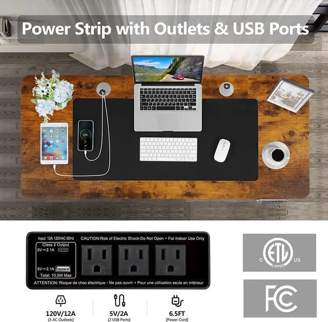 Alt view image 2 of 7 - Electric Standing Desk Adjustable Height Stand Up Desk,59 x 24inch Computer Desk Adjustable Height Stand Up Desk for Home Office with 2 USB Ports,3 Power Outlets,Memory Controller,Headphone Hook,Brown