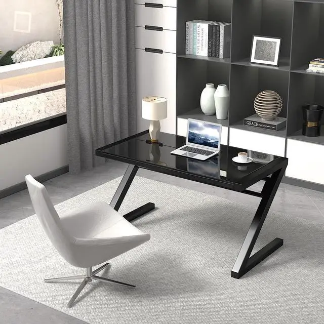 Alt view image 3 of 7 - MASAKA B&W Z Shaped 55" Gaming Desk, Computer Desk Table with Tempered Glass, Sturdy Writing Workstation for Home Office, Modern Black