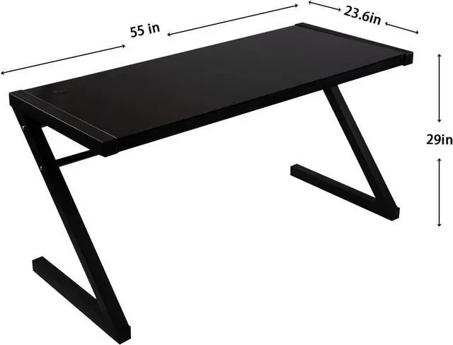 Alt view image 2 of 7 - MASAKA B&W Z Shaped 55" Gaming Desk, Computer Desk Table with Tempered Glass, Sturdy Writing Workstation for Home Office, Modern Black