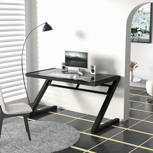 Main image of MASAKA B&W Z Shaped 55" Gaming Desk, Computer Desk Table with Tempered Glass, Sturdy Writing Workstation for Home Office, Modern Black