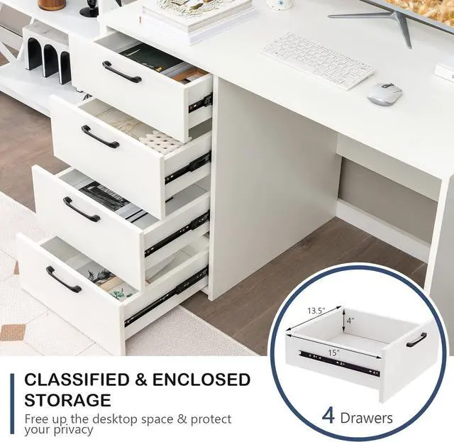 Alt view image 5 of 7 - Tangkula White Desk with 4 Storage Drawers, Home Office Writing Desk, Modern Executive Desk, Laptop PC Desk, Vanity Makeup Table, Computer Workstation for Bedroom, Study Room, Office