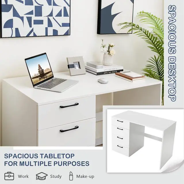 Alt view image 6 of 7 - Tangkula White Desk with 4 Storage Drawers, Home Office Writing Desk, Modern Executive Desk, Laptop PC Desk, Vanity Makeup Table, Computer Workstation for Bedroom, Study Room, Office