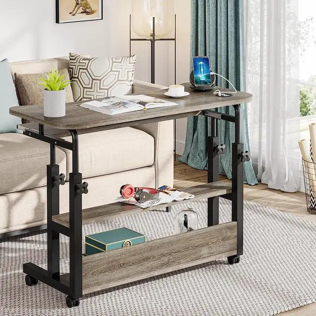 Alt view image 3 of 7 - Tribesigns Portable Desk with Power Outlets, Height Adjustable Side Table Sofa Couch Bedside Laptop Computer Cart with USB Charging Ports, Mobile Small Standing Desk with Keyboard Tray