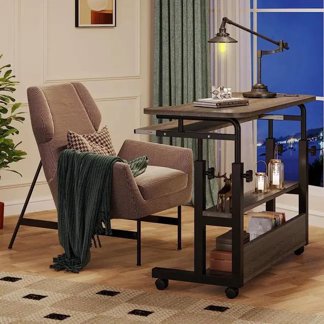 Alt view image 4 of 7 - Tribesigns Portable Desk with Power Outlets, Height Adjustable Side Table Sofa Couch Bedside Laptop Computer Cart with USB Charging Ports, Mobile Small Standing Desk with Keyboard Tray