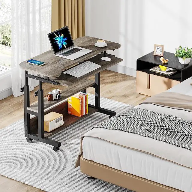 Alt view image 5 of 7 - Tribesigns Portable Desk with Power Outlets, Height Adjustable Side Table Sofa Couch Bedside Laptop Computer Cart with USB Charging Ports, Mobile Small Standing Desk with Keyboard Tray