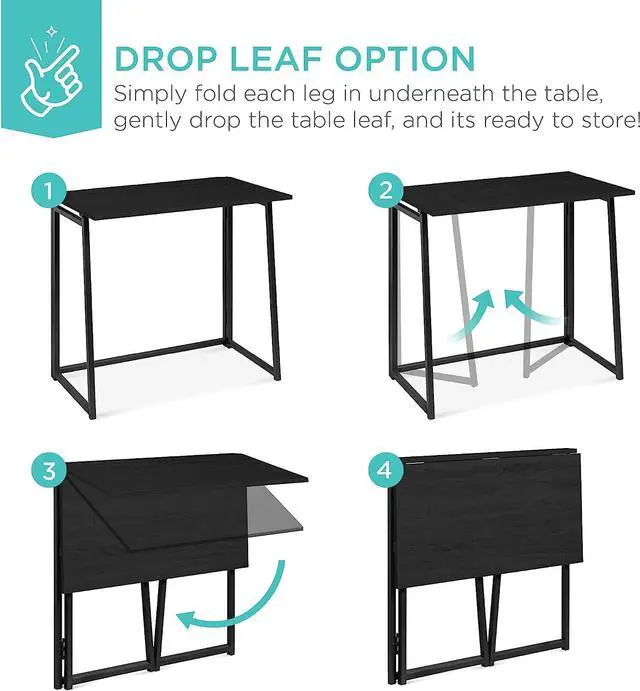 Alt view image 6 of 7 - Best Choice Products 31.5in Folding Drop Leaf Desk Table, Computer Workstation for Home Office w/Wood Table Top, Back Shelf, Portable, Space Saving - Black/Black