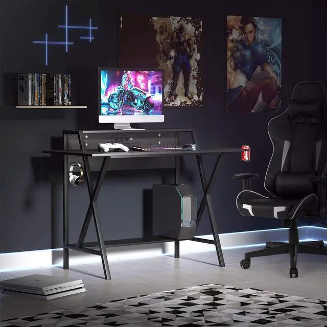 Alt view image 2 of 7 - Casart Gaming Desk 48'for Gamer, Gaming Computer Workstation with Cup & Headphone Holder, Socket of 3-Outlet & 2 USB Ports Multifunctional Writing Desk for Home and Office