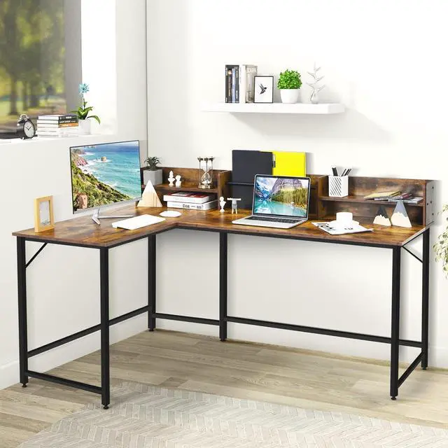 Alt view image 2 of 7 - Tangkula 66.5 Inches L-Shaped Desk, Space Saving Corner Computer Desk with Hutch, Study Writing Desk with Storage Shelves Heavy Duty Steel Frame, Gaming Desk Computer Workstation for Home & Office