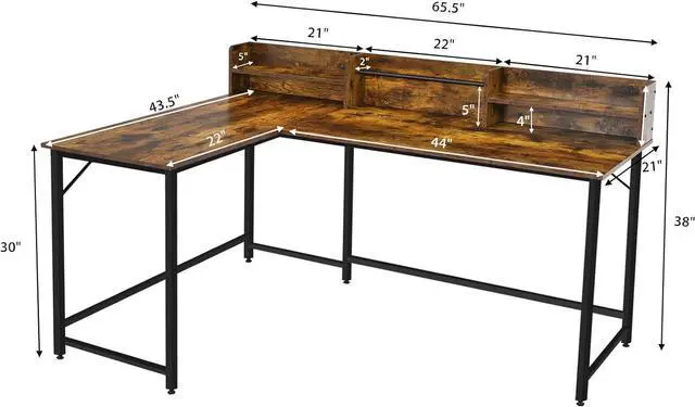 Alt view image 4 of 7 - Tangkula 66.5 Inches L-Shaped Desk, Space Saving Corner Computer Desk with Hutch, Study Writing Desk with Storage Shelves Heavy Duty Steel Frame, Gaming Desk Computer Workstation for Home & Office