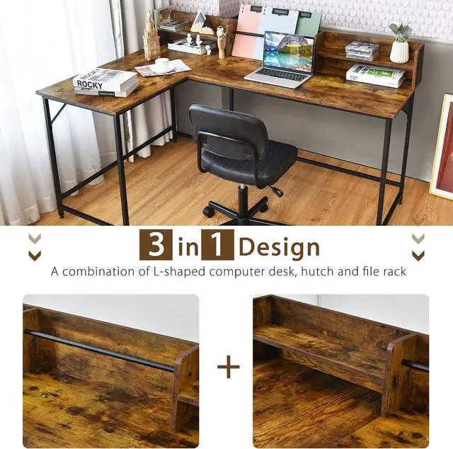 Alt view image 5 of 7 - Tangkula 66.5 Inches L-Shaped Desk, Space Saving Corner Computer Desk with Hutch, Study Writing Desk with Storage Shelves Heavy Duty Steel Frame, Gaming Desk Computer Workstation for Home & Office