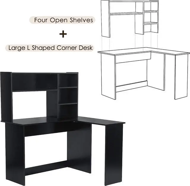 Alt view image 4 of 7 - ivinta Wood L Shaped Computer Desk with Hutch Modern Corner Gaming Desk with Storage Shelves Home Office Desk for Small Space Dark Brown Writing Desk Workstation