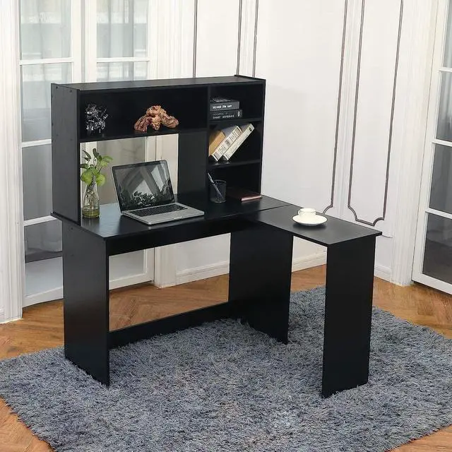 Alt view image 2 of 7 - ivinta Wood L Shaped Computer Desk with Hutch Modern Corner Gaming Desk with Storage Shelves Home Office Desk for Small Space Dark Brown Writing Desk Workstation