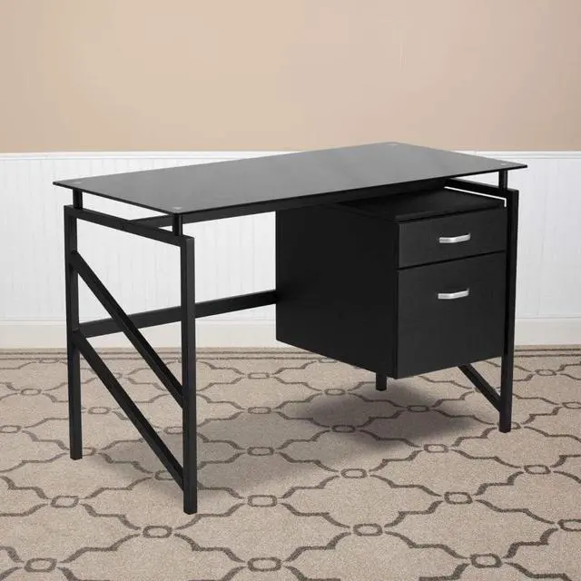 Alt view image 2 of 5 - Flash Furniture Singleton Glass Desk with Two Drawer Pedestal,Black