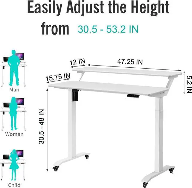 Alt view image 6 of 7 - UNICOO Electric Height Adjustable 2-Tier Raising Desk with Wheels, Mobile Standing Game Desk for Home Office