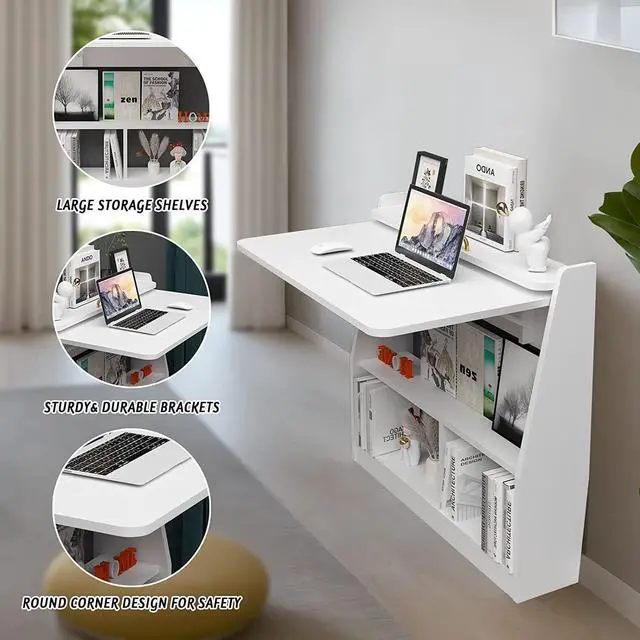 Alt view image 4 of 7 - Pmnianhua Wall Mounted Desk, Wooden Folding Desk Space Saving Wall Desk with Storage Shelf Study Writing Table for Small Space (White)