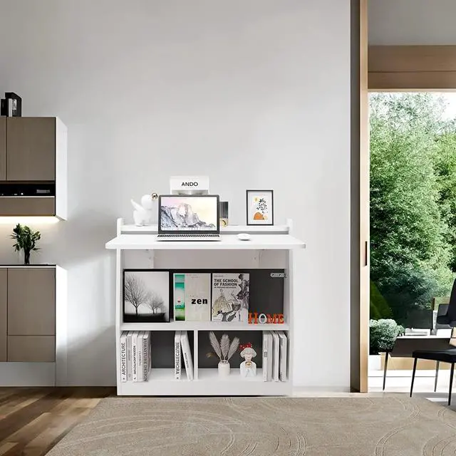 Alt view image 3 of 7 - Pmnianhua Wall Mounted Desk, Wooden Folding Desk Space Saving Wall Desk with Storage Shelf Study Writing Table for Small Space (White)
