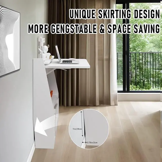 Alt view image 6 of 7 - Pmnianhua Wall Mounted Desk, Wooden Folding Desk Space Saving Wall Desk with Storage Shelf Study Writing Table for Small Space (White)
