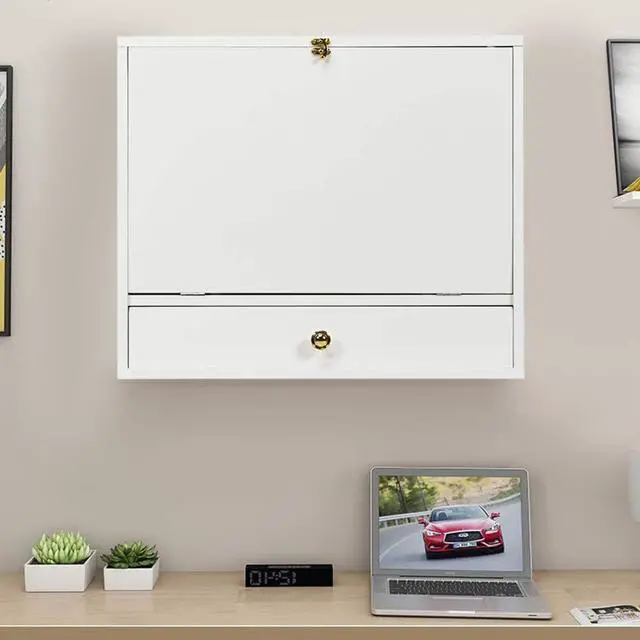 Alt view image 3 of 7 - WATERJOY Storage Chests,Wall Foldable Cabinets,Hideaway Storage with Drawer,Small Folding Hanging Storage Cabinets Working Table Computer Desk Dining Desk Vanity Table for Home,Office White