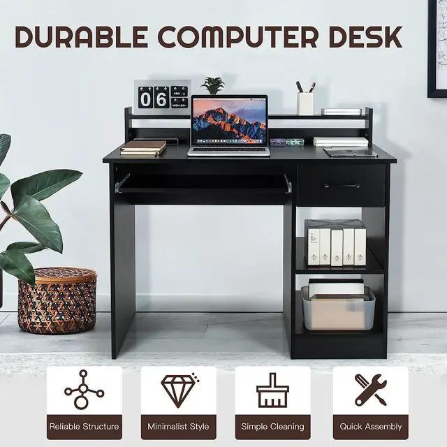 Alt view image 6 of 7 - COSTWAY Computer Desk with Hutch, Home Office Desk with Drawer, Adjustable Shelf & Keyboard Tray, Study Writing Desk, Executive Workstation for Living Room, Bedroom & Study (Black)