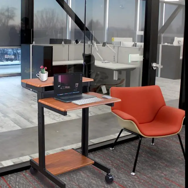 Alt view image 2 of 7 - Stand Up Desk Store Rolling Adjustable Height Two Tier Standing Computer Workstation (Black Frame/Teak Top, 24" Wide) by DT
