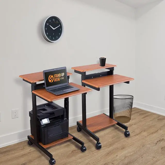 Alt view image 5 of 7 - Stand Up Desk Store Rolling Adjustable Height Two Tier Standing Computer Workstation (Black Frame/Teak Top, 24" Wide) by DT