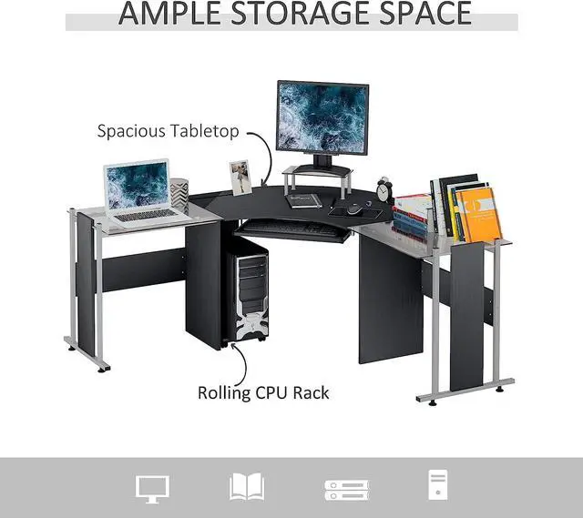Alt view image 6 of 7 - HOMCOM 69" Modern L-Shaped Tempered Glass Office Computer Desk with Elevated Monitor Stand, Rolling CPU Holder, Pull Out Keyboard Tray and Steel Frame, Black