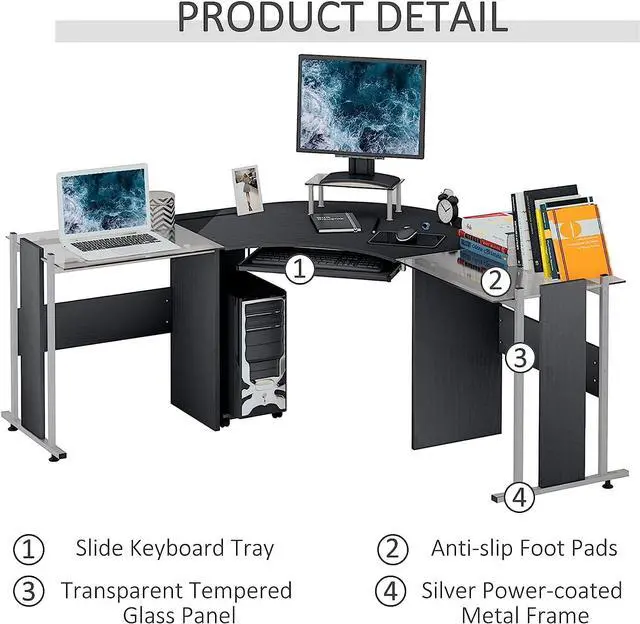 Alt view image 7 of 7 - HOMCOM 69" Modern L-Shaped Tempered Glass Office Computer Desk with Elevated Monitor Stand, Rolling CPU Holder, Pull Out Keyboard Tray and Steel Frame, Black