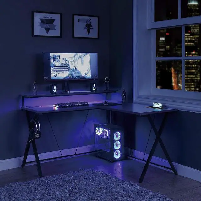 Alt view image 2 of 7 - OSP Home Furnishings Checkpoint Battlestation L Shaped Gaming Desk with RGB LED Lights, Black