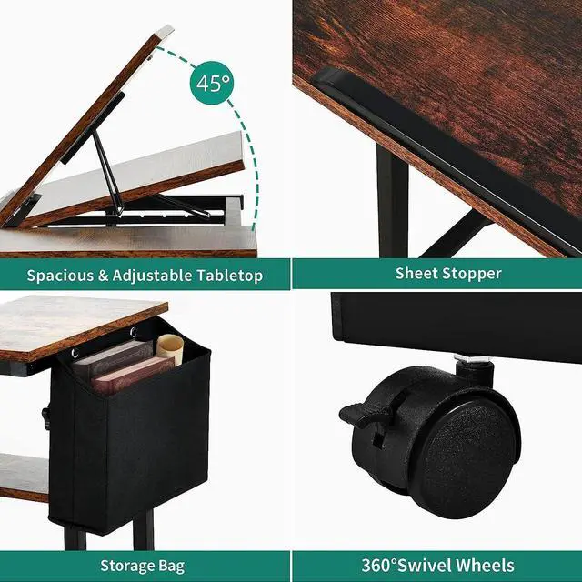 Alt view image 6 of 7 - Height Adjustable Table with Charging Station, Portable Desk with Wheels, Small Standing Rolling Computer Desk with Tiltable Tabletop and Storage Bag, Brown
