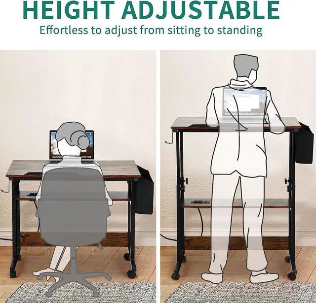 Alt view image 5 of 7 - Height Adjustable Table with Charging Station, Portable Desk with Wheels, Small Standing Rolling Computer Desk with Tiltable Tabletop and Storage Bag, Brown