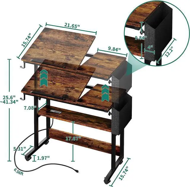 Alt view image 2 of 7 - Height Adjustable Table with Charging Station, Portable Desk with Wheels, Small Standing Rolling Computer Desk with Tiltable Tabletop and Storage Bag, Brown