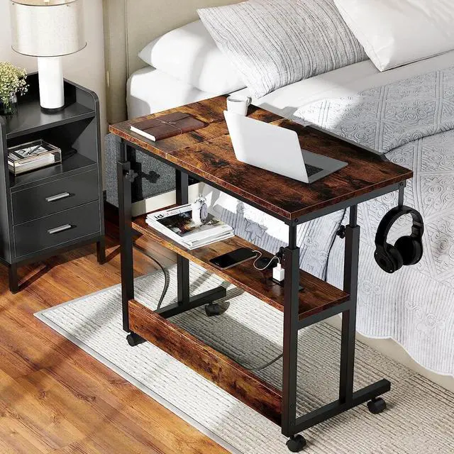 Alt view image 3 of 7 - Height Adjustable Table with Charging Station, Portable Desk with Wheels, Small Standing Rolling Computer Desk with Tiltable Tabletop and Storage Bag, Brown