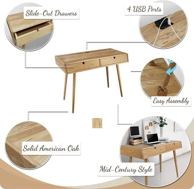 Alt view image 4 of 7 - American Trails Freedom Made of Solid American Desk with USB Ports, Natural Oak (New) (A605-526)