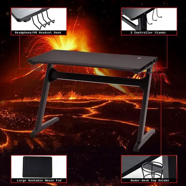 Alt view image 5 of 7 - Tangkula Gaming Desk, Z Shaped Ergonomic Gaming Computer Desk, E-Sports Game Desk with Cup & Headphone Holder and Mouse Pad, Gamer Workstation, Carbon Fiber Surface and Z-Shape Steel Frame (Black)