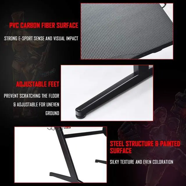 Alt view image 7 of 7 - Tangkula Gaming Desk, Z Shaped Ergonomic Gaming Computer Desk, E-Sports Game Desk with Cup & Headphone Holder and Mouse Pad, Gamer Workstation, Carbon Fiber Surface and Z-Shape Steel Frame (Black)