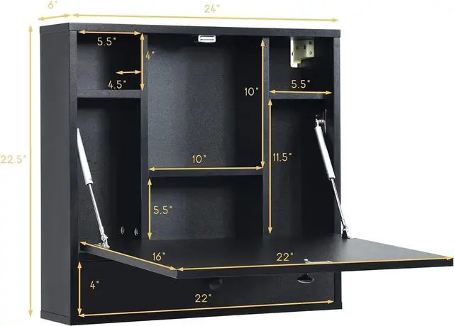 Alt view image 2 of 7 - IFANNY Wall Mounted Desk, Wall Computer Desk w/Storage Drawer & Shelves, Compact Floating Desk for Wall, Space Saving Wall Desk Fold Down, Wall Desks for Small Spaces (Black)